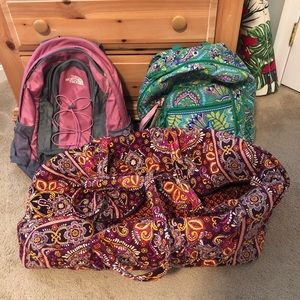 3 bags— 2 backpacks 1 extra lg duffle bag